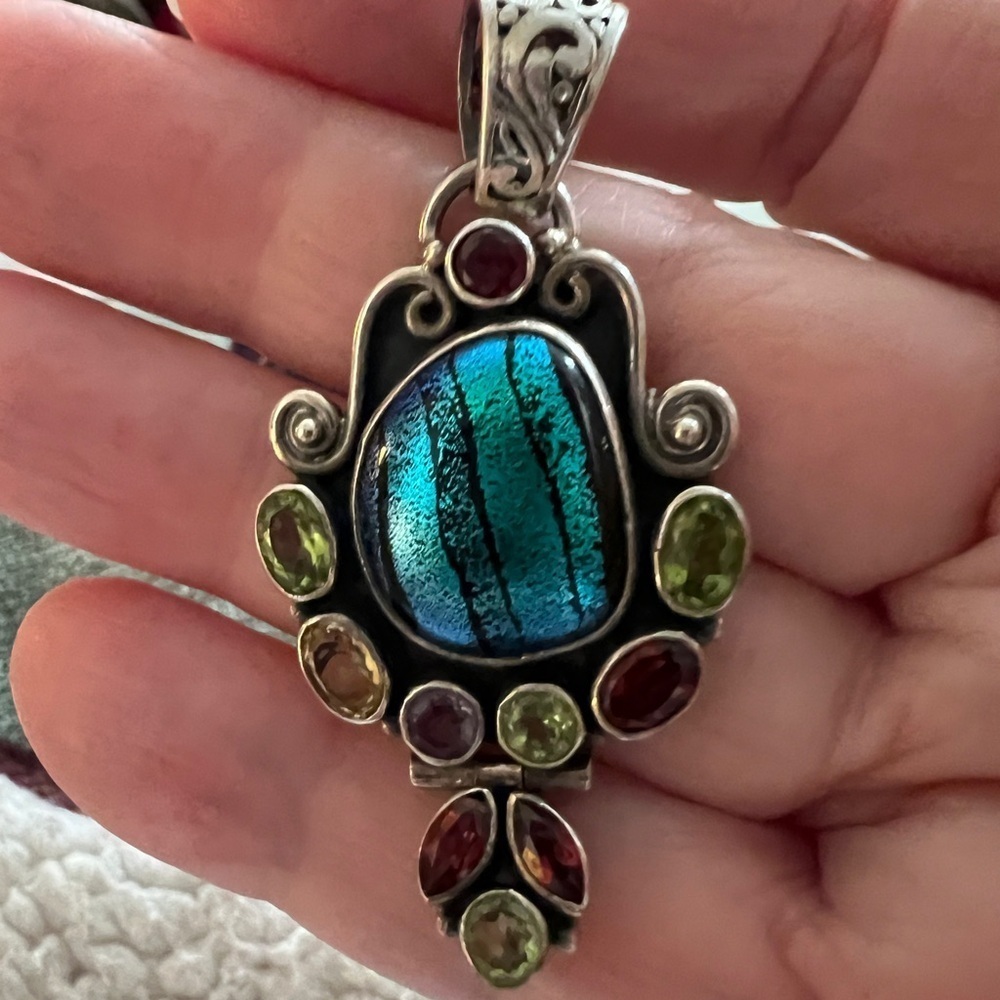 ❤️ Native Artisan Handmade Dichroic Glass & Gemstone Pendant 925 Sterling
